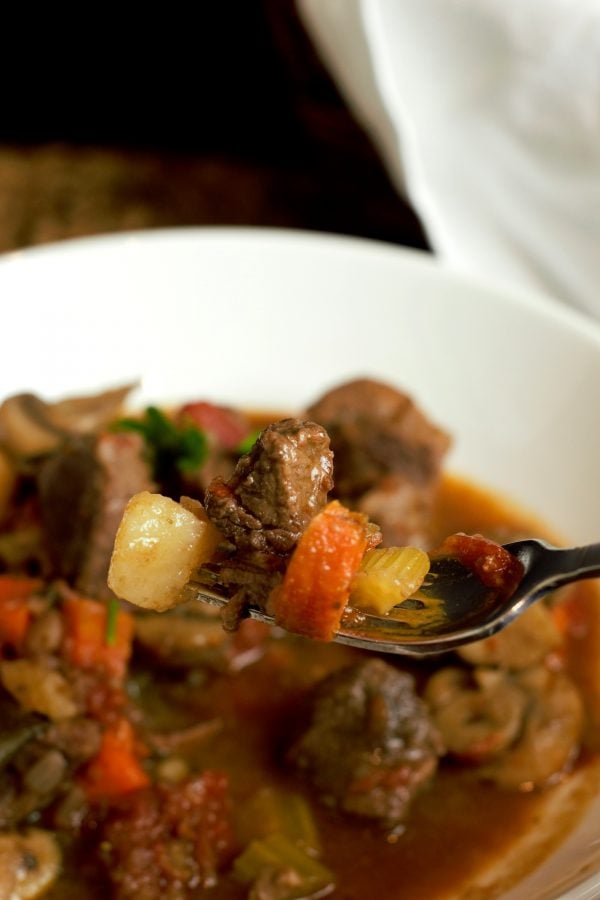 Instant Pot Beef Stew 10 Celery, Carrots, Potato, Tomato, and tender Beef all on the fork to make a perfect bite of Instant Pot Stew.