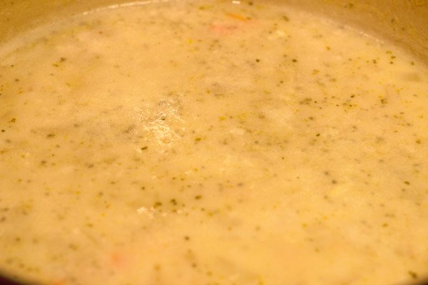 The broth changes from a clear chicken broth to a slightly thicker, more opaque broth when you add the eggs and lemon juice.