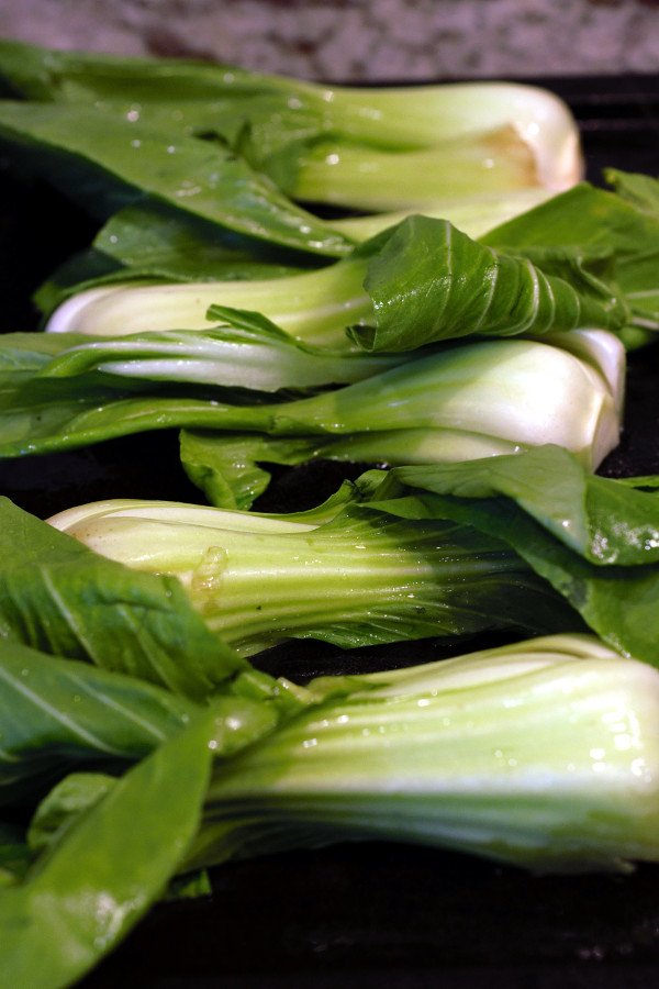 Cleaned and split Baby Bok Choy are laid on a hot griddle pan or grill to begin to sear.