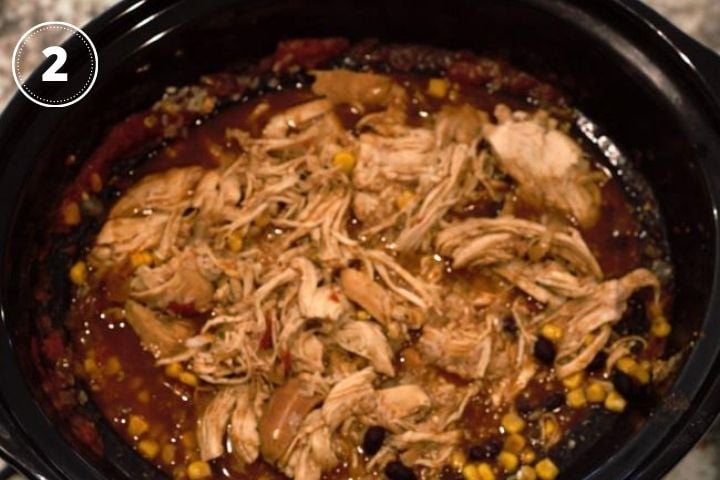 cooked ingredients with shredded chicken