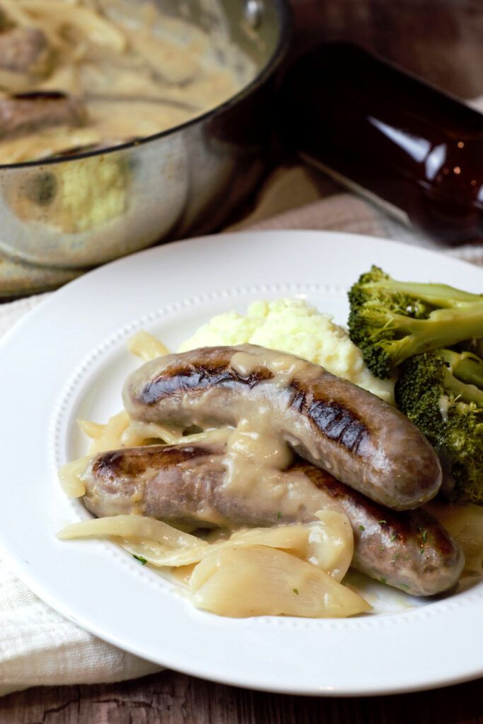 Sous Vide Sausage with Beer Onion Gravy Delicious by Design