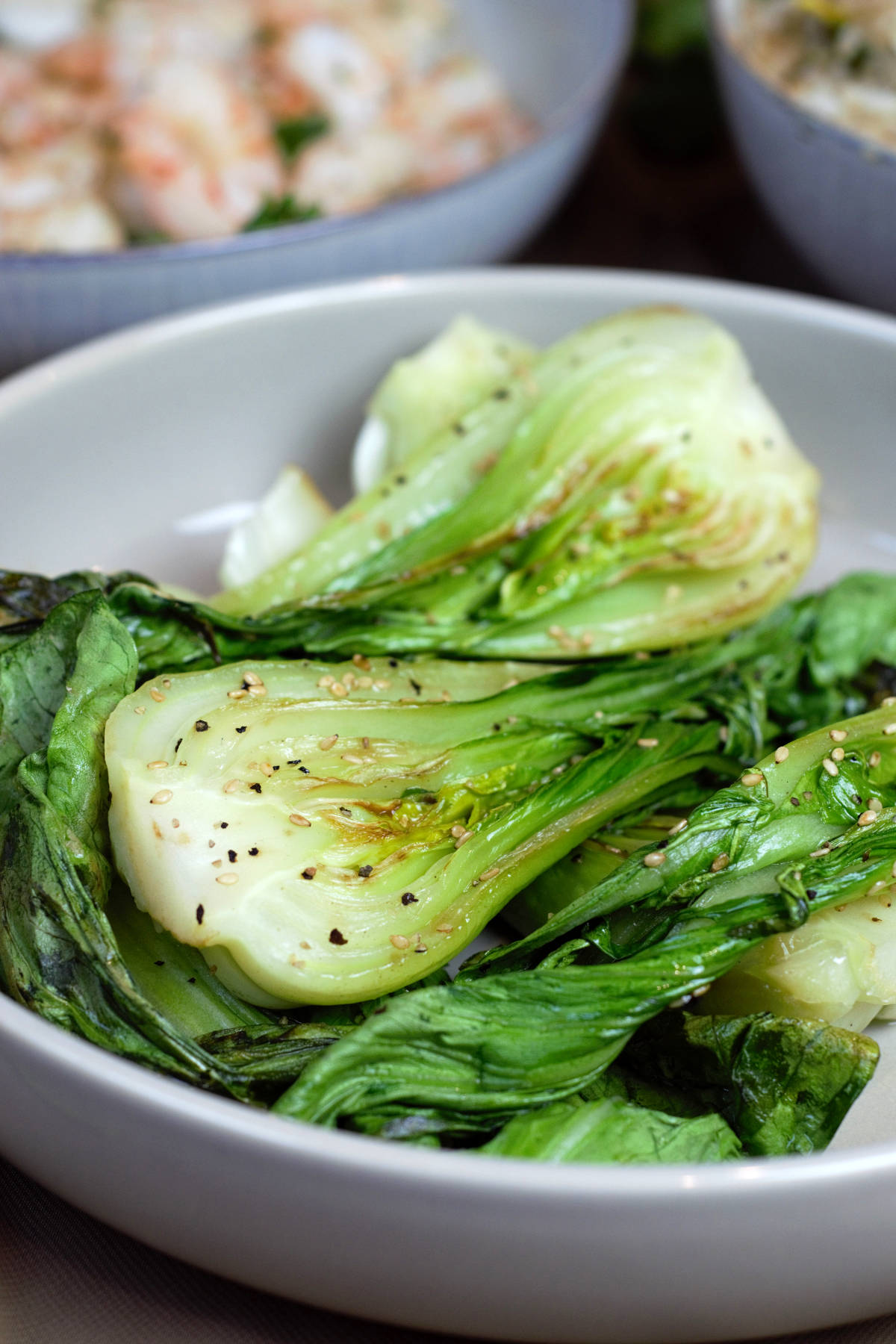 grilled bok choy bundles served with shrimp and rice