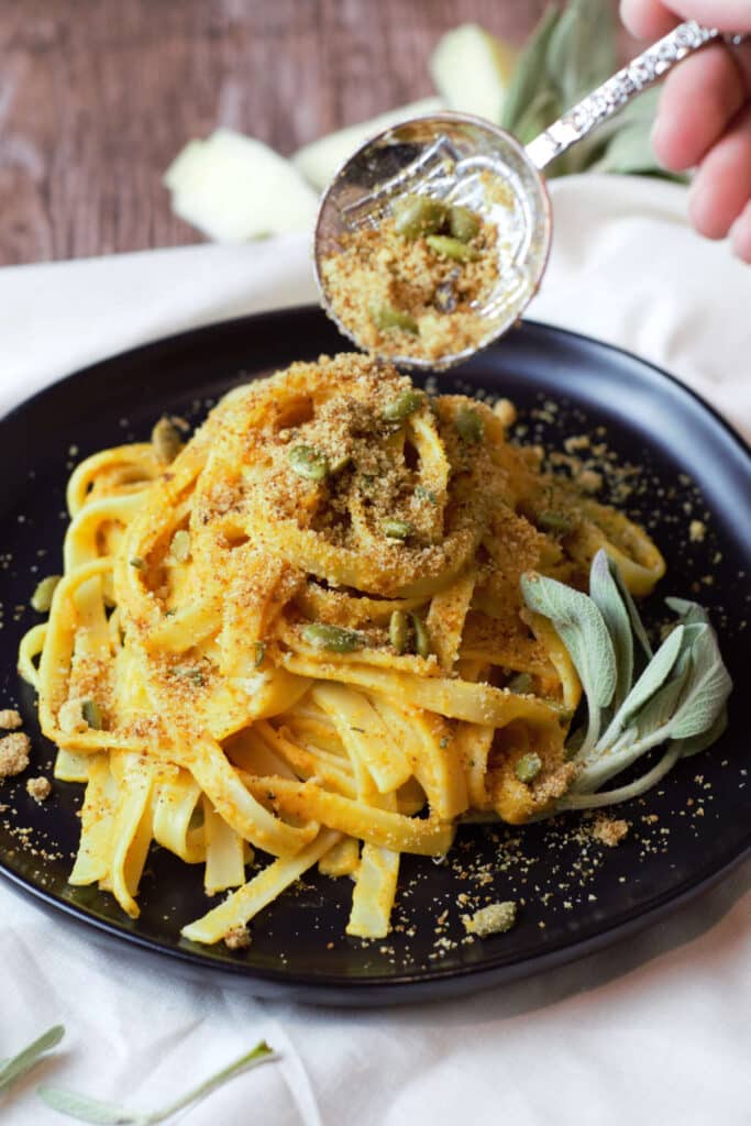 Pumpkin Pasta with Toasted Breadcrumb Topping - Delicious by Design