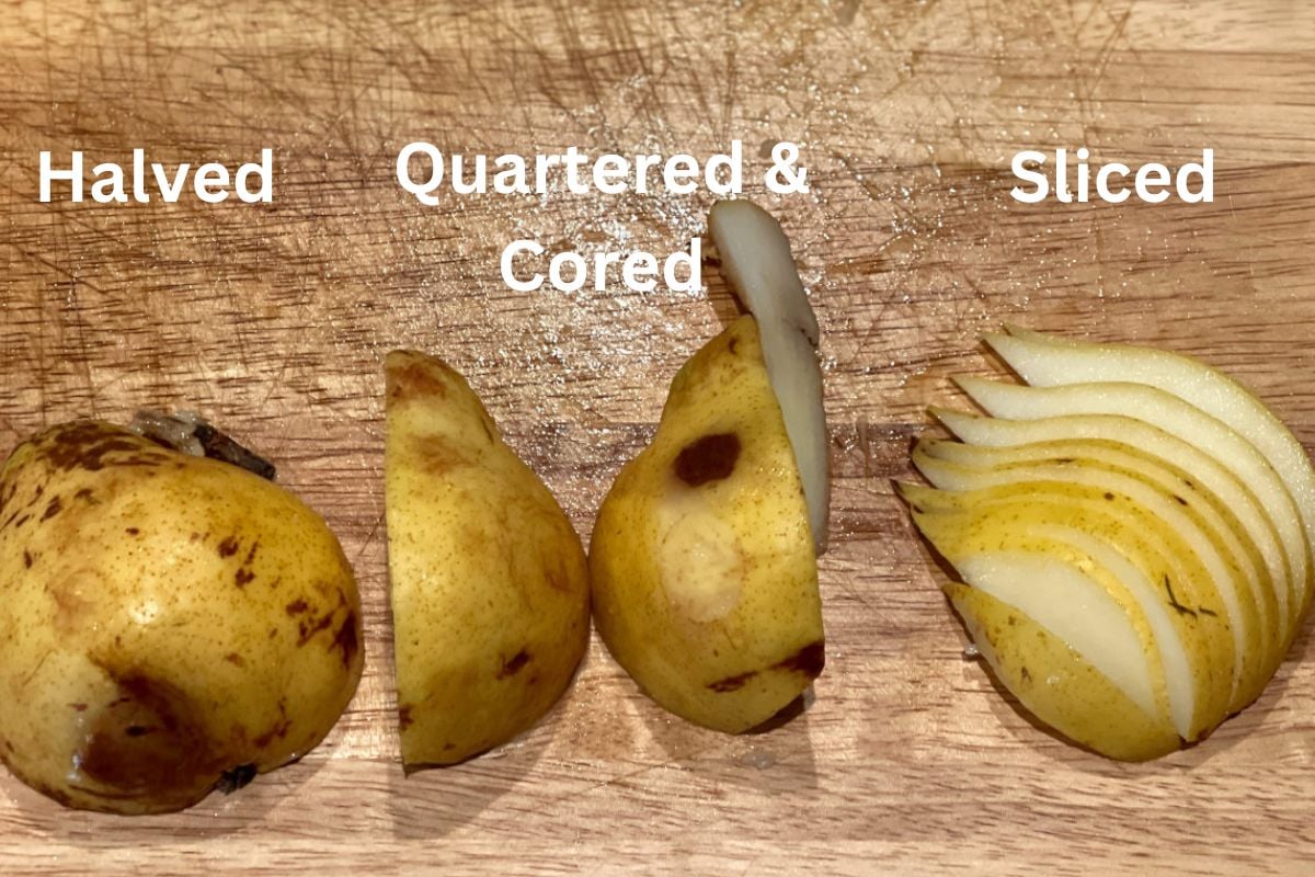 pear cut into halves, quarters, and slices