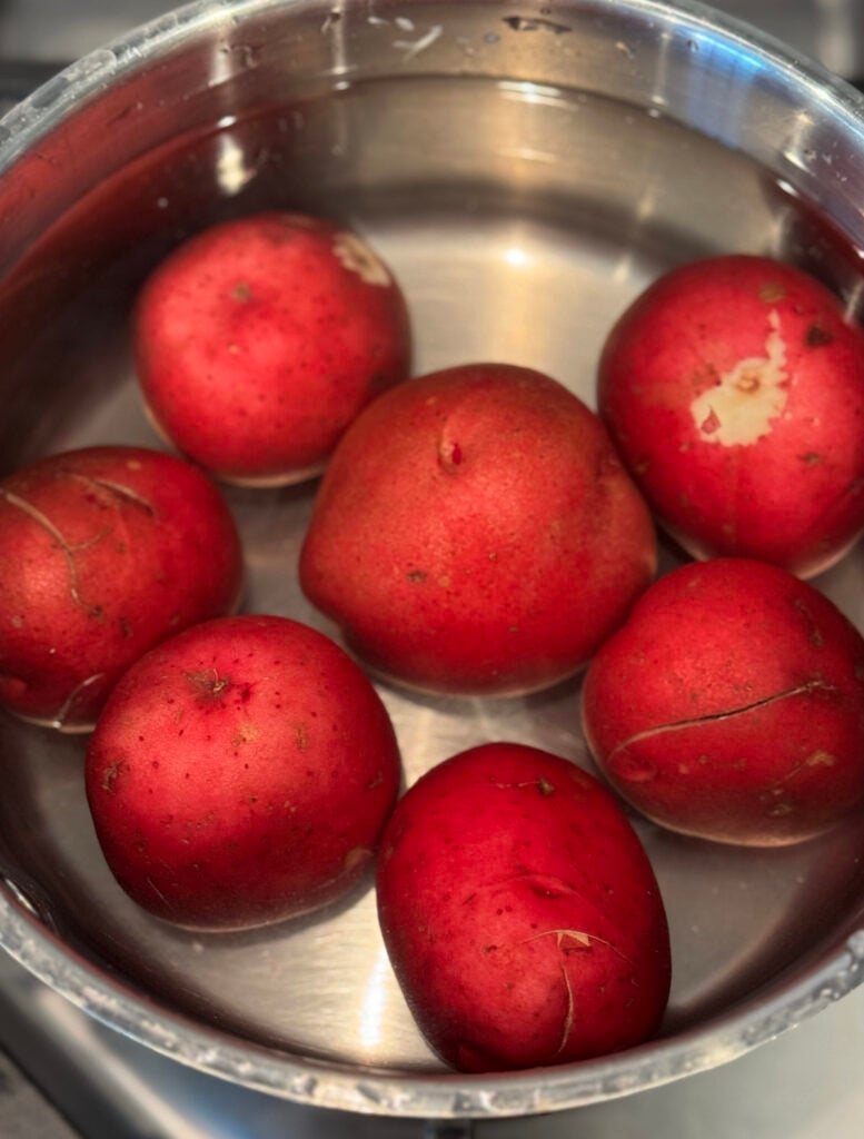 red potatoes in small pot of water