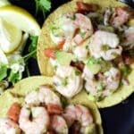 long pinterest image of shrimp tostadas