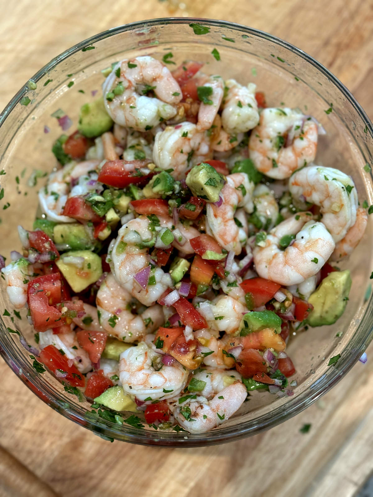 shrimp and avocado added to chopped pico de gallo