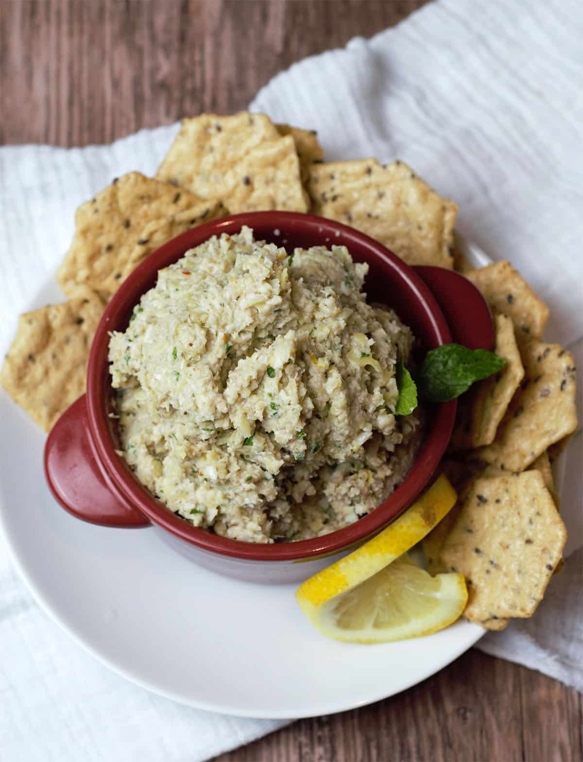 overhead shot of pesto with crackers