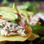 Mexican chicken salad on tostada feature