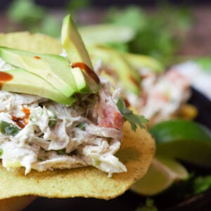 Mexican chicken salad on tostada feature