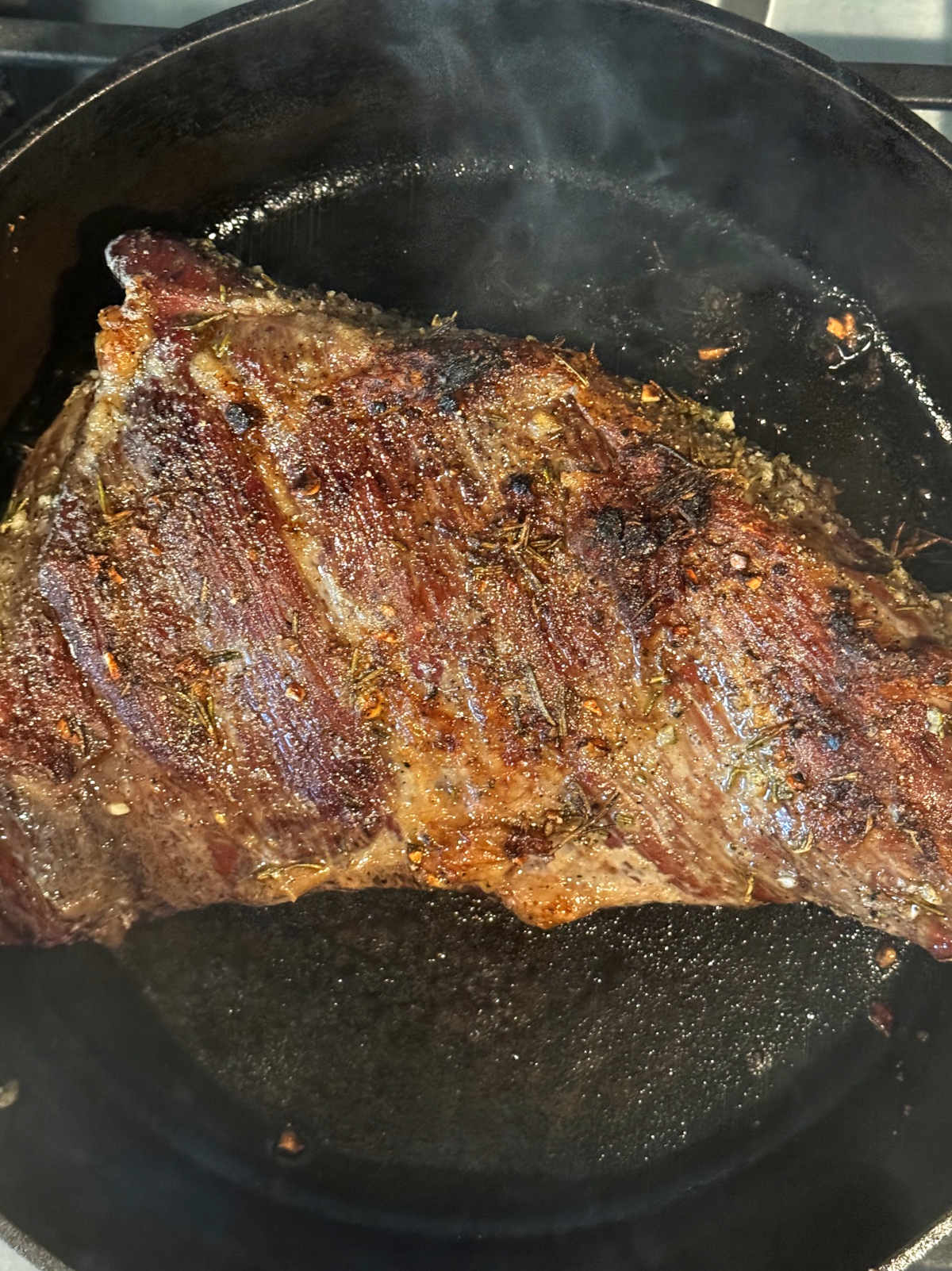 Seared tri tip in cast iron skillet