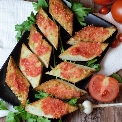 overhead shot of tomatoes on toast