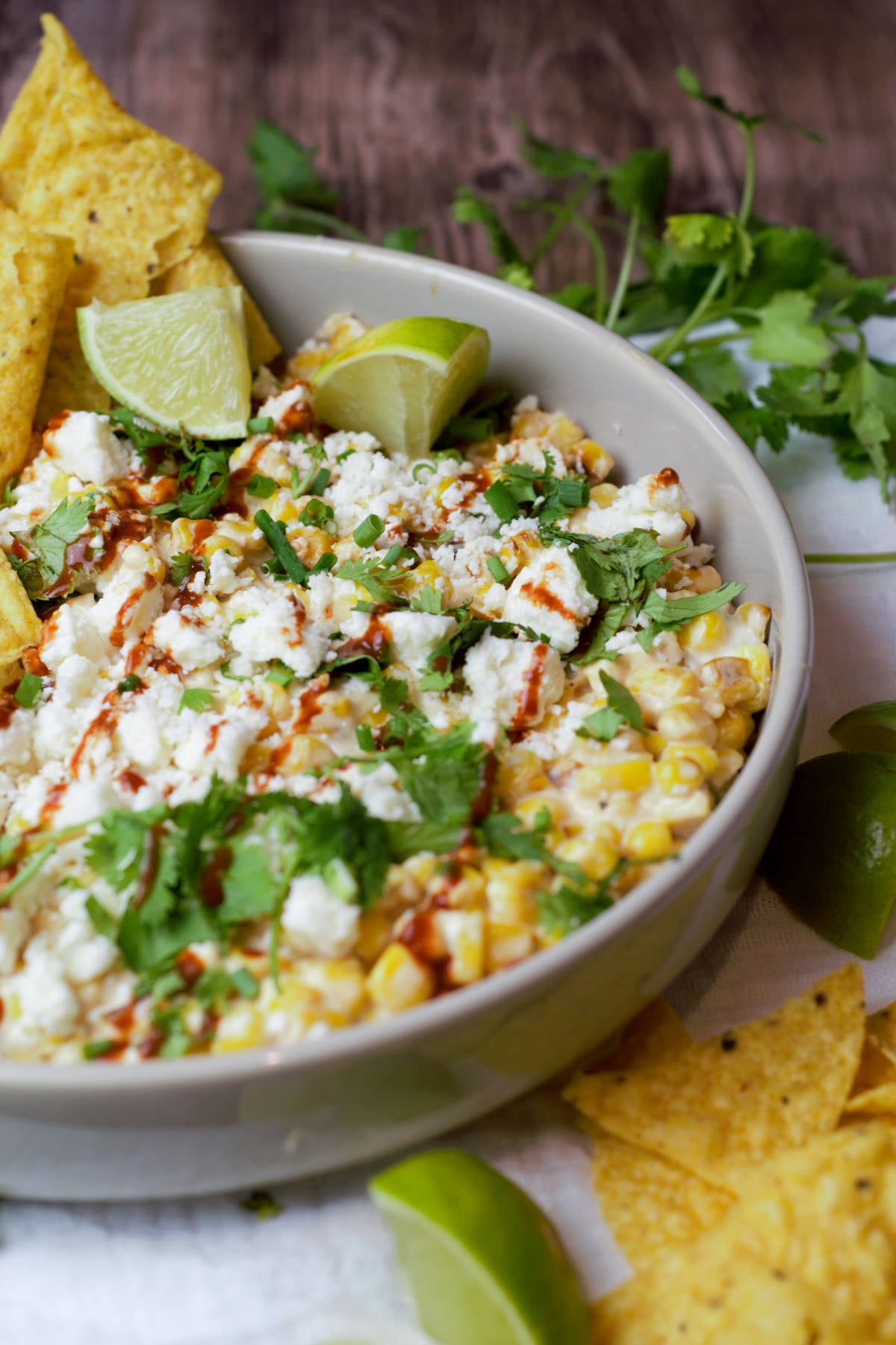 close up mexican steet corn dip in serving bowl