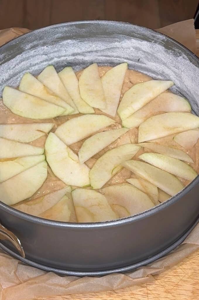 first layer of cake batter and apples in cake pan