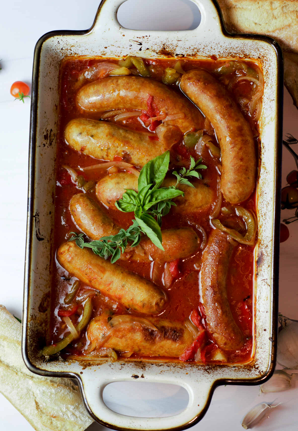 overhead Italian sausage in baking dish